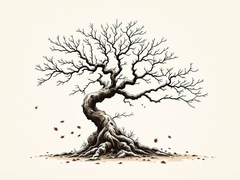 A bare winter bonsai with falling leaves