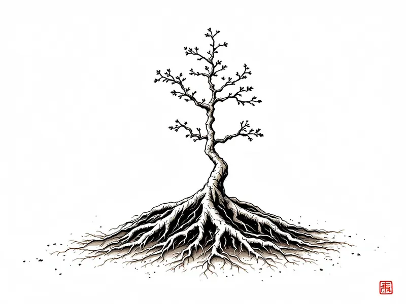 Nebari development: building the surface roots, ink drawing
