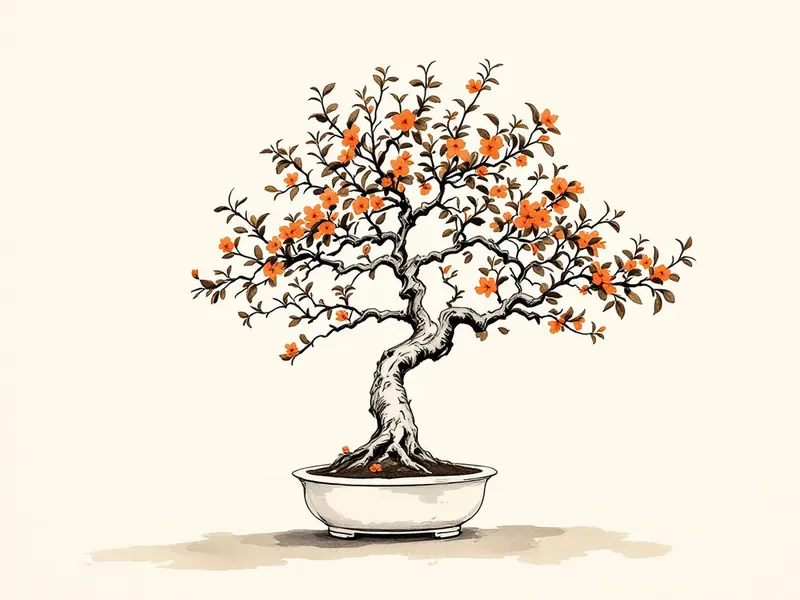 Japanese flowering quince bonsai, ink drawing