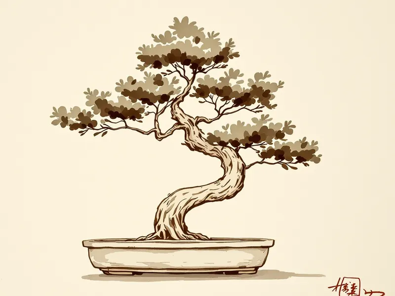 Hinoki cypress bonsai, ink drawing