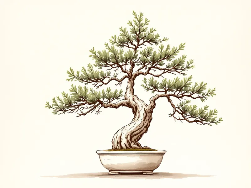 Japanese garden juniper bonsai, ink drawing