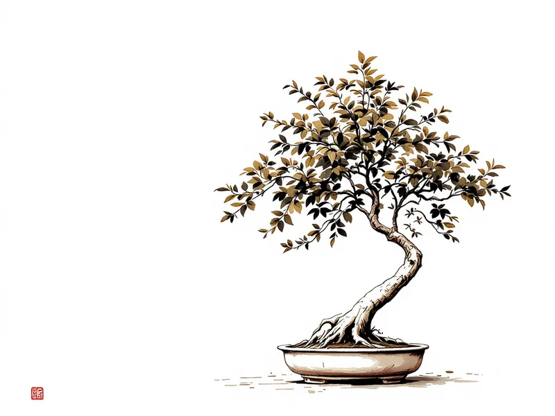 Dwarf umbrella tree bonsai, ink drawing