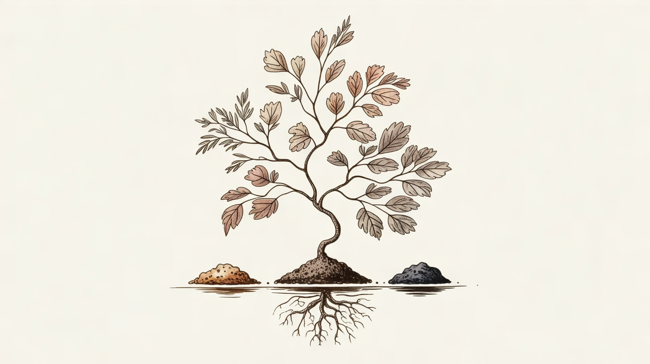 Three types of soil materials beneath a bonsai tree's roots, illustrating how different soil components balance drainage and moisture retention for optimal grow