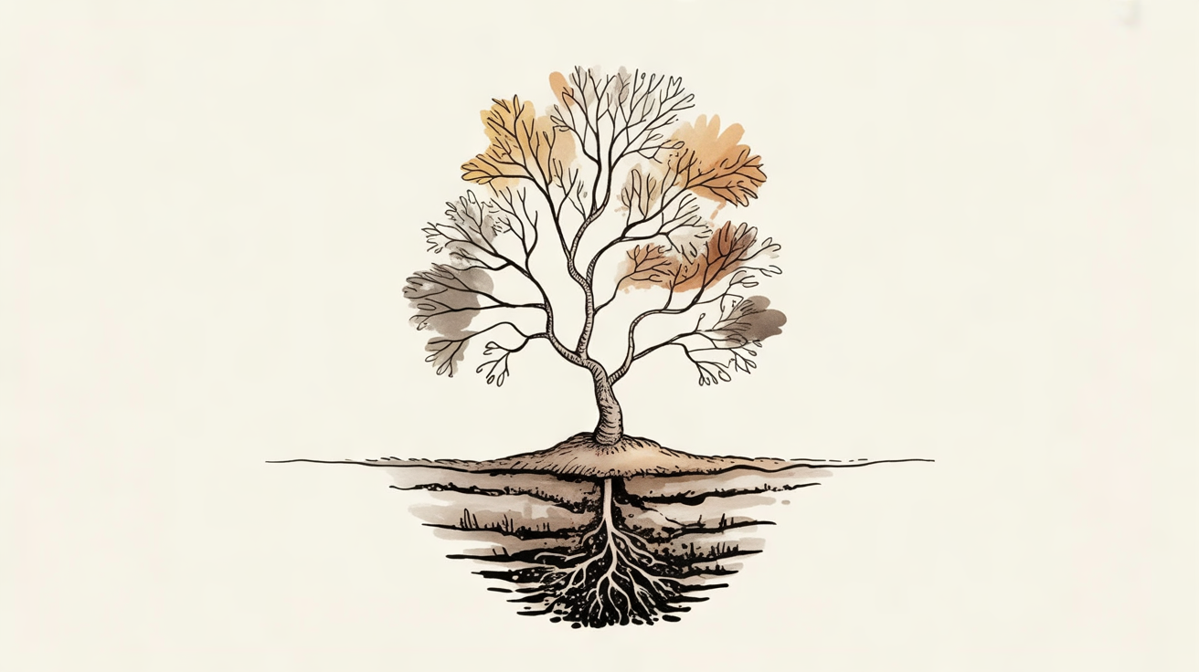 Cross-section of a small bonsai pot showing tree roots in soil with seasonal indicators and nutrient flow represented by flowing lines
